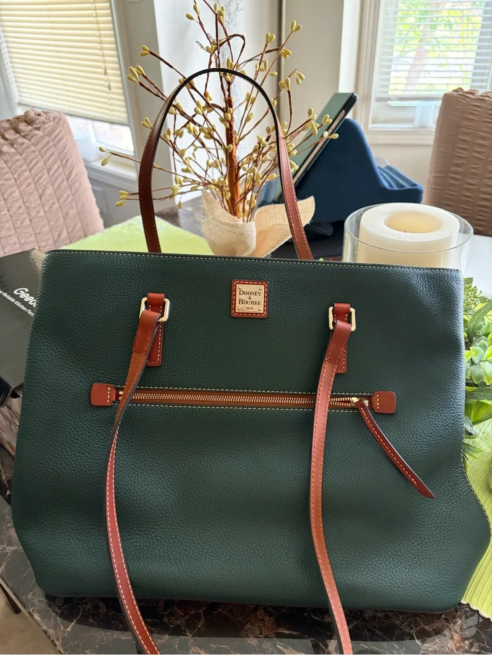 Dooney & Bourke Forest Green Pebbled Leather Tote with Brown Trim